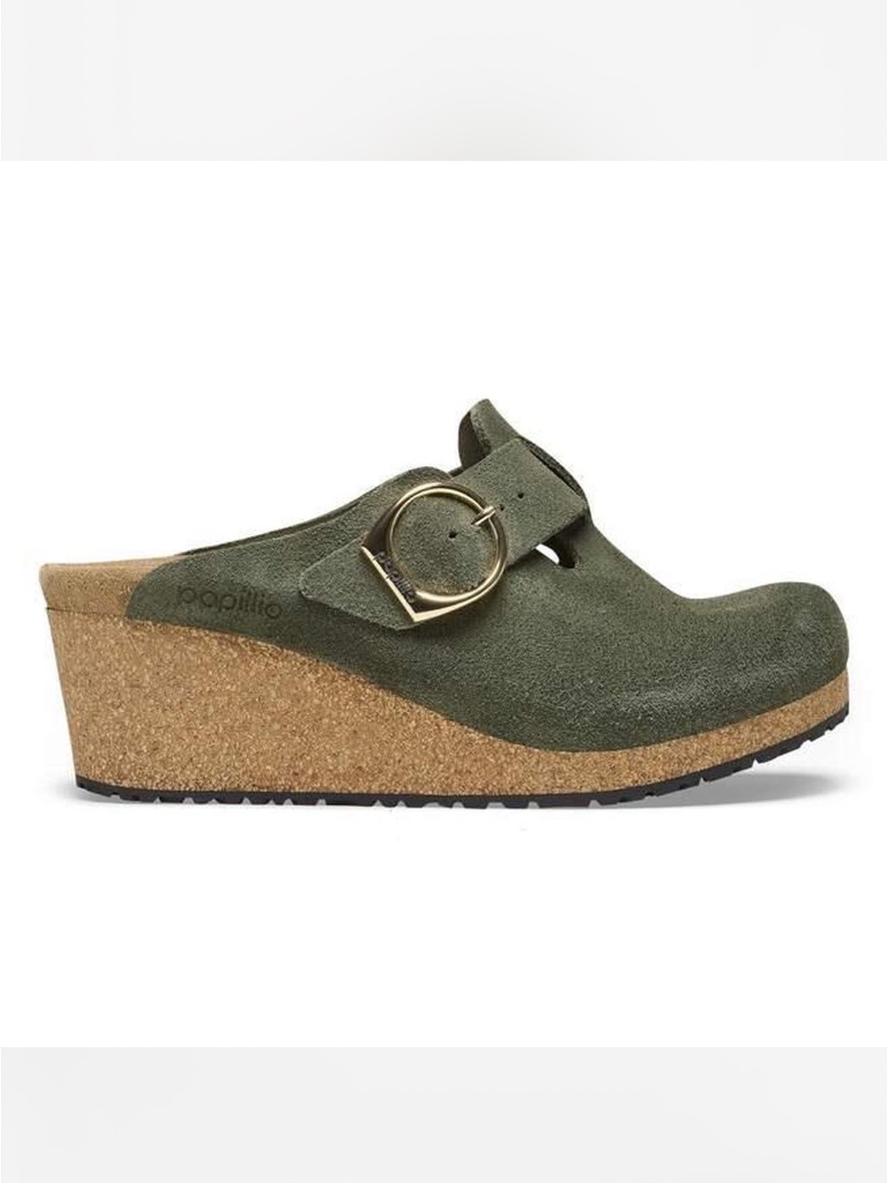 Birkenstock Papillio Olive Suede Wedge Clog with Buckle